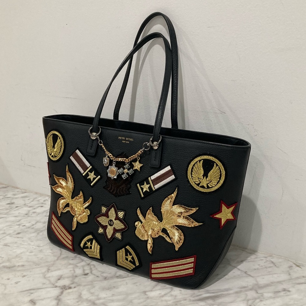 Henri Bendel Limited Ed West 57th Embroidered Military Patch Black Leather Tote